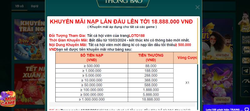 Khuyến mãi Loto188 thưởng nạp lần đầu lên đến 18.888.000 VNĐ