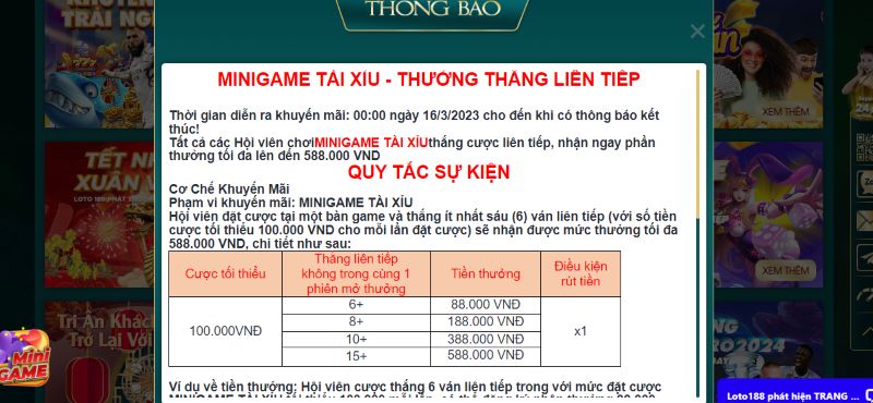 Khuyến mãi Loto188 thưởng thắng liên tiếp trong mini game tài xỉu