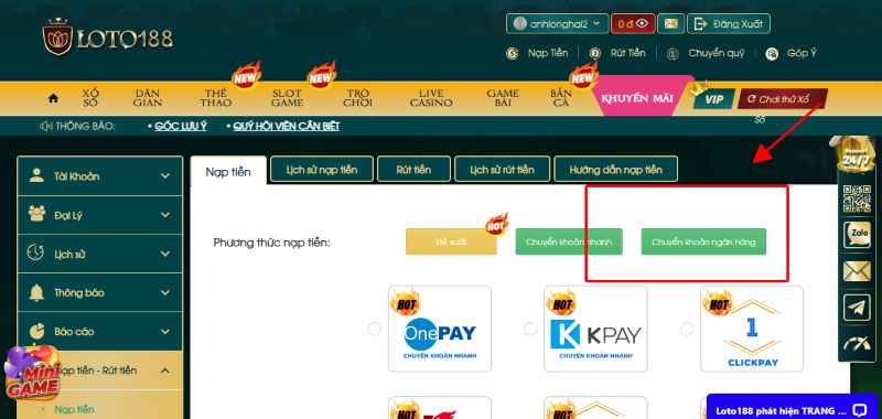 Hướng dẫn nạp tiền Loto188 thông qua chuyển khoản ngân hàng 